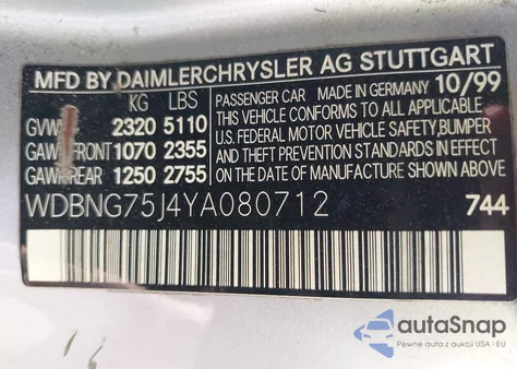 2000 Mercedes-Benz S 500 z USA, uszkodzony, nr VIN WDBNG75J4YA080712